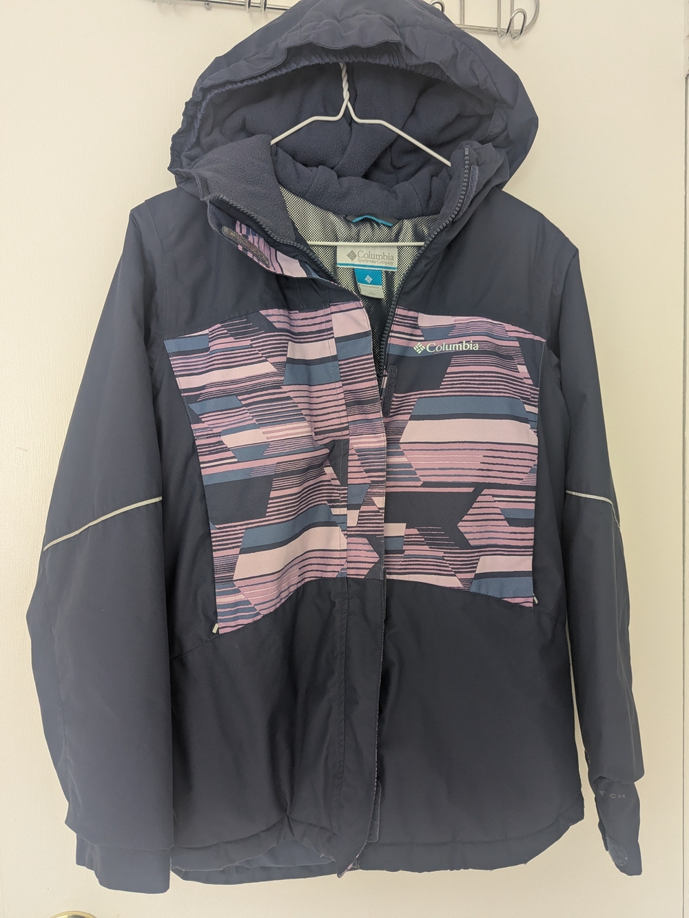 Columbia Girls L 14/16 Navy Pink Geo Print Hooded Rain Jacket Waterproof